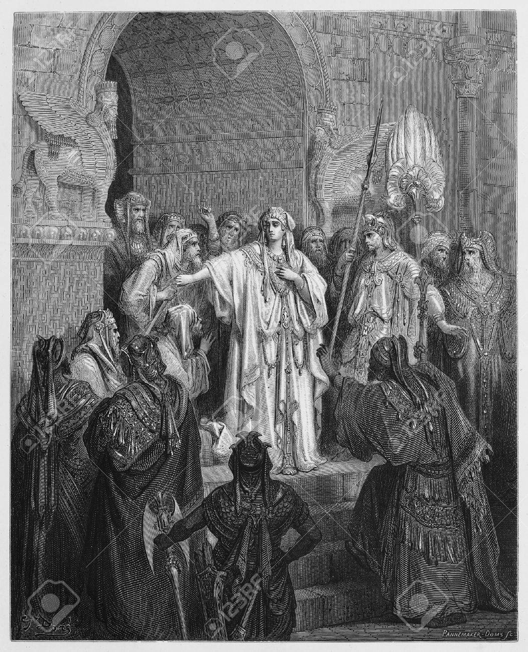 Queen Vashti Refusing To Obey The Command Of Ahasuerus - Picture From The  Holy Scriptures, Old And New Testaments Books Collection Published In 1885,  Stuttgart-Germany. Drawings By Gustave Dore. Stock Photo, Picture