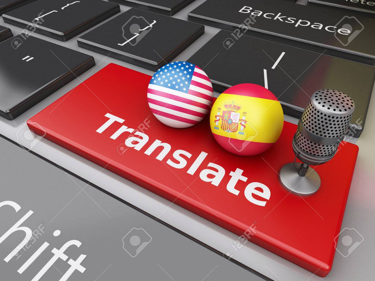 3d renderer image translate spanish and english on computer stock