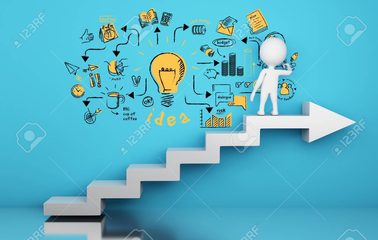 3 D イラスト 矢印の梯子の上に立って 戦略的なアイデア スケッチを図面の白人の人々 クリエイティブのコンセプト の写真素材 画像素材 Image