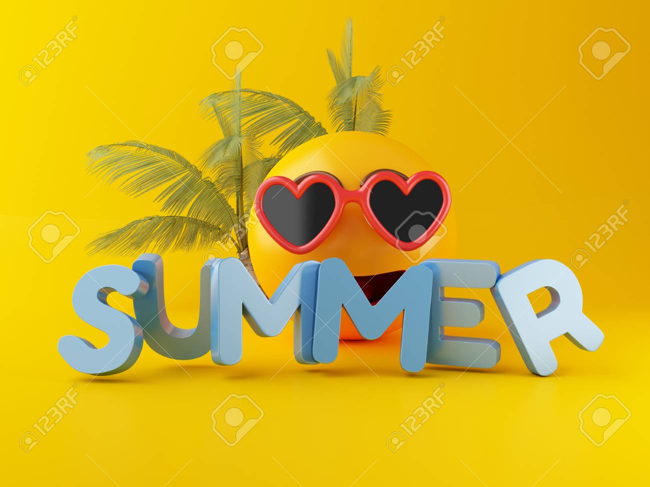 3dイラスト 黄色の背景にサングラスと夏の言葉と絵文字 夏休みのコンセプト の写真素材 画像素材 Image