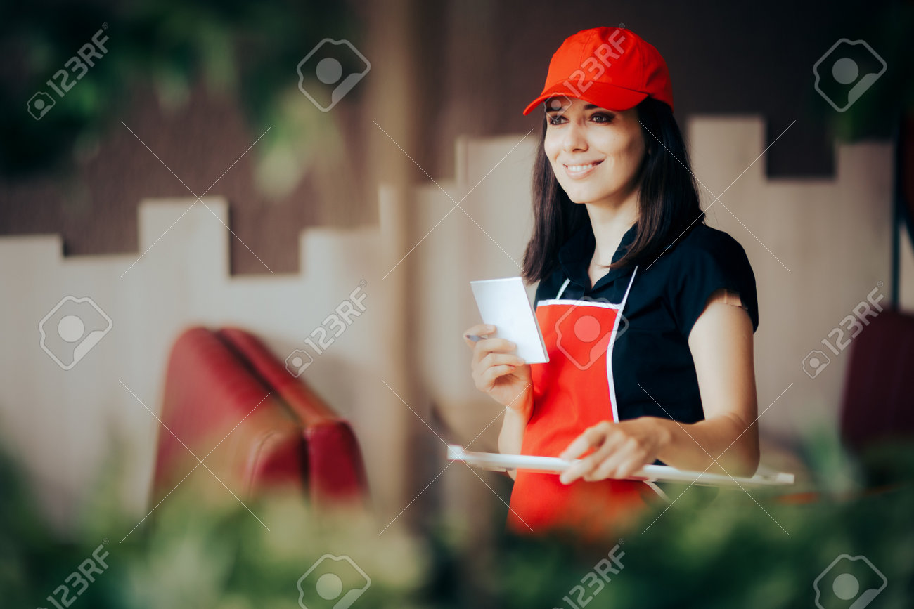Waitress Holding Empty Tray Taking Orders in a Restaurant - 171551726 Waitress Holding Empty Tray Taking Orders in a Restaurant - 171551726