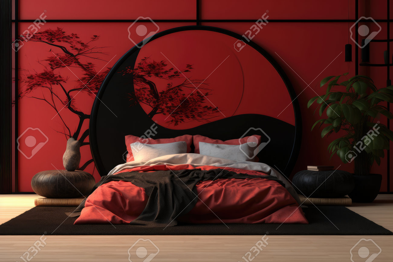 Interior Of Modern Bedroom With Black And Red Wall, 3d Render Stock Photo,  Picture and Royalty Free Image. Image 206377172., image size:1300x867