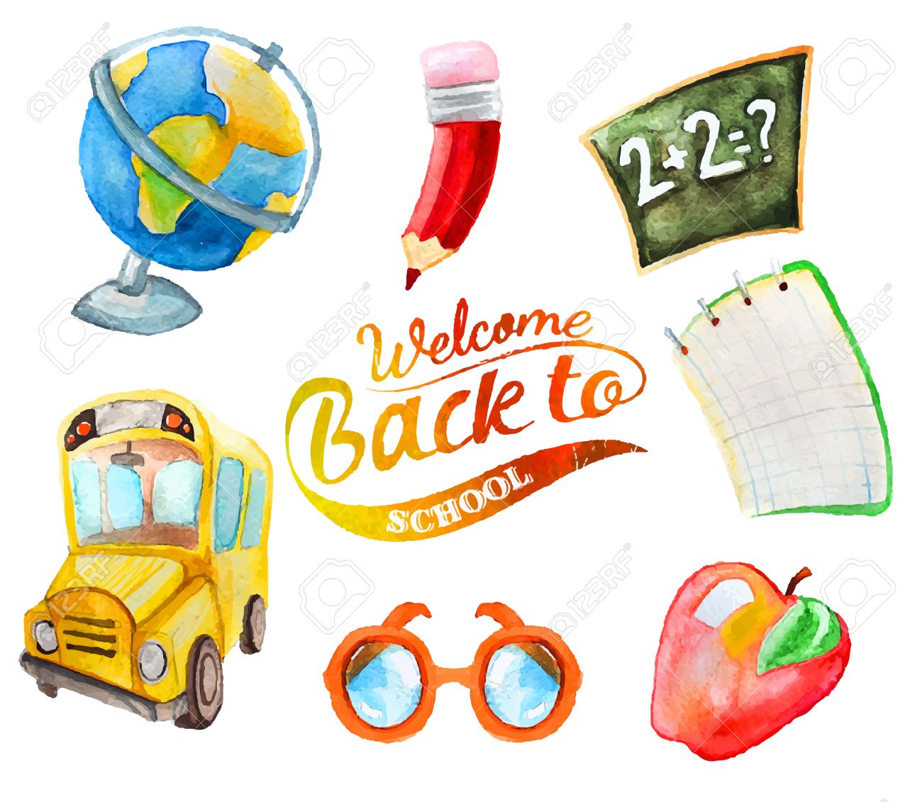 Watercolor hand drawn set of school items. Welcome back to school. Globe, school bus, apple, glasses, pencil, notebook, school board, blackboard, math. - 42848911 Watercolor hand drawn set of school items. Welcome back to school. Globe, school bus, apple, glasses, pencil, notebook, school board, blackboard, math. - 42848911
