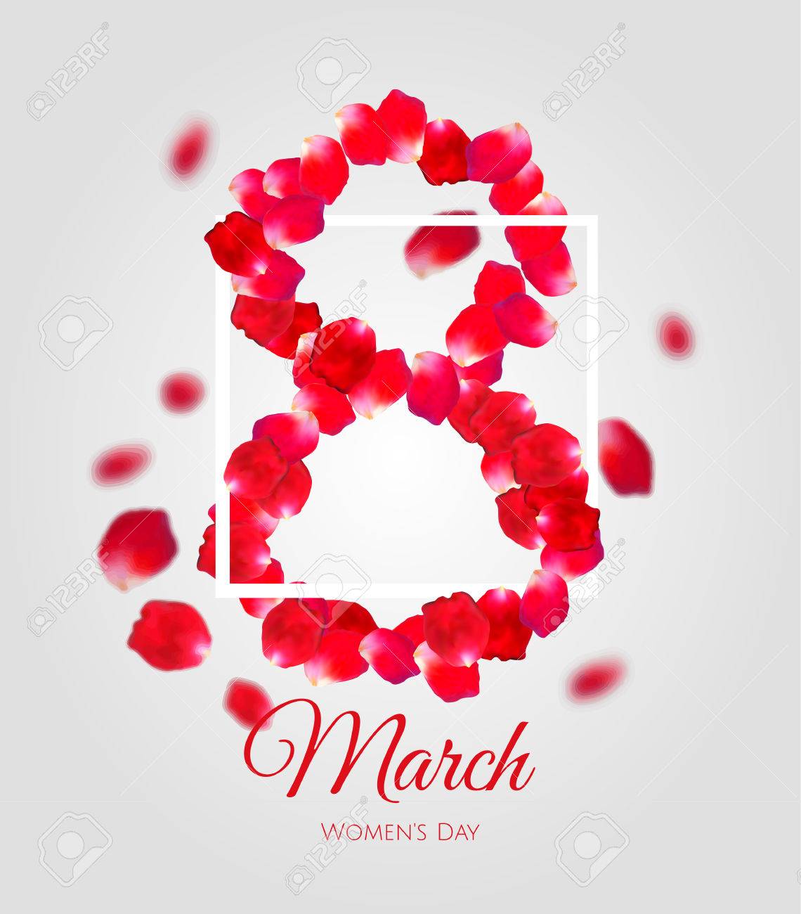 Greeting card with red rose petals and white squere stroke. 8 march - woman's day - 72312497 Greeting card with red rose petals and white squere stroke. 8 march - woman's day - 72312497
