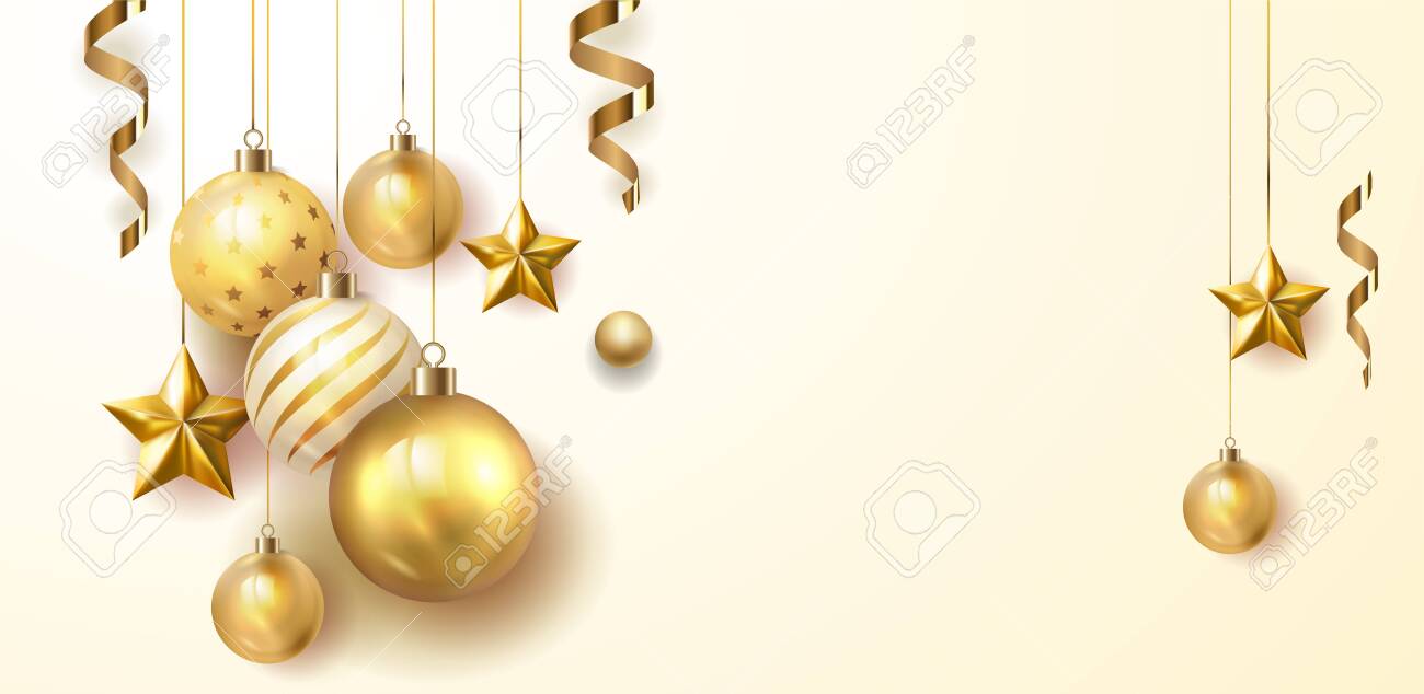 Golden Christmas balls light white background. Festive xmas decoration gold glass christmas balls and glossy snowflake, stars, hanging on the ribbon. Vector illustration banner design template EPS 10 - 135582104 Golden Christmas balls light white background. Festive xmas decoration gold glass christmas balls and glossy snowflake, stars, hanging on the ribbon. Vector illustration banner design template EPS 10 - 135582104