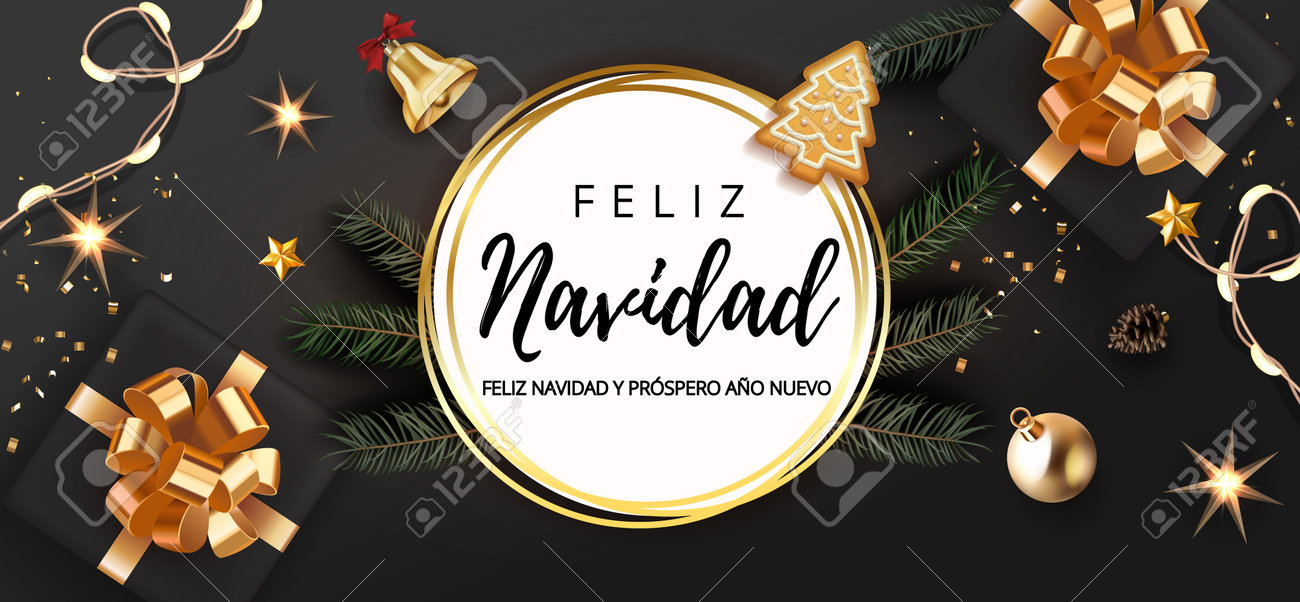Spanish lettering Feliz Navidad - Happy New Year and Merry Christmas. Christmas festive luxury black and gold background with gifts box and christmas balls, stars, bell, light garland fir tree. - 161077374 Spanish lettering Feliz Navidad - Happy New Year and Merry Christmas. Christmas festive luxury black and gold background with gifts box and christmas balls, stars, bell, light garland fir tree. - 161077374