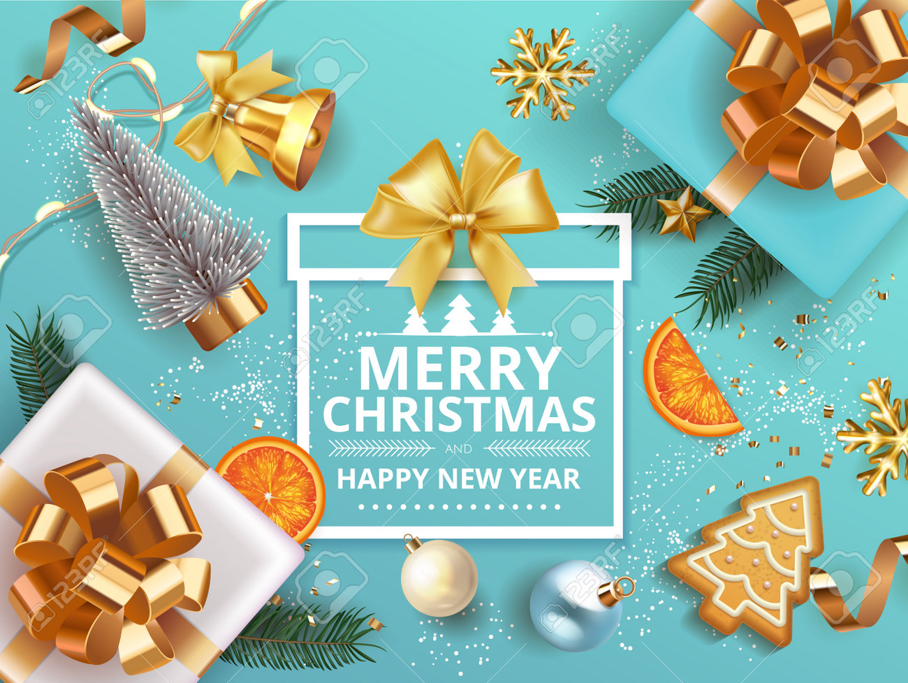 Winter Merry Christmas and Happy New Year banner with gift box decorated with Christmas tree branches, balls, gingerbread, oranges. bell snowflakes snow. Vector Xmas poster, festive greeting card. - 161202082 Winter Merry Christmas and Happy New Year banner with gift box decorated with Christmas tree branches, balls, gingerbread, oranges. bell snowflakes snow. Vector Xmas poster, festive greeting card. - 161202082