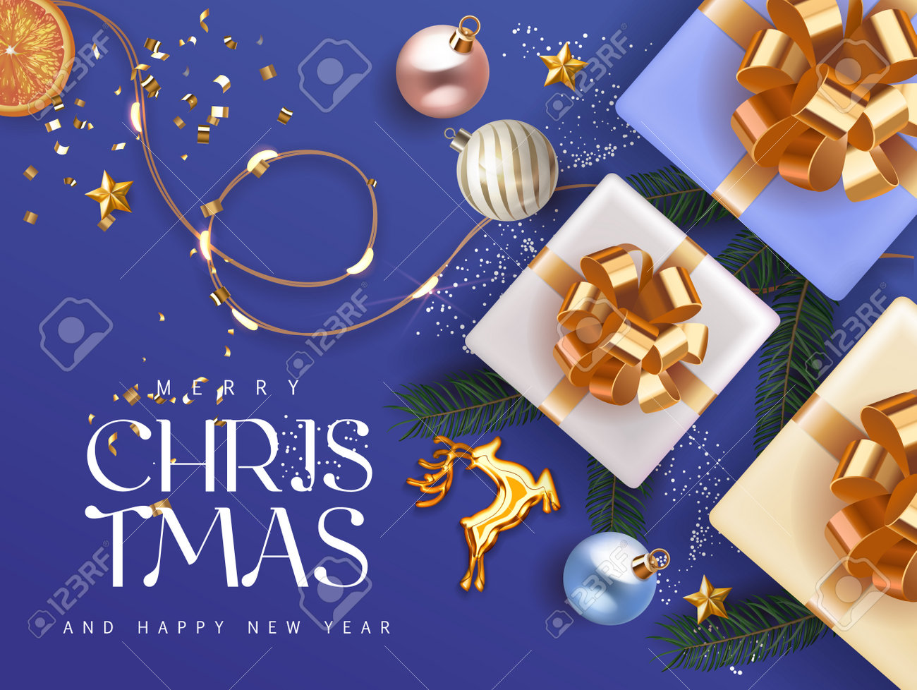 Merry Christmas and Happy New 2021 Year deep blue cyan Holiday background with gift boxes with gold ribbon fir tree branches christmas balls gold deer and lights. Festive Xmas decoration in blue - 161202086 Merry Christmas and Happy New 2021 Year deep blue cyan Holiday background with gift boxes with gold ribbon fir tree branches christmas balls gold deer and lights. Festive Xmas decoration in blue - 161202086