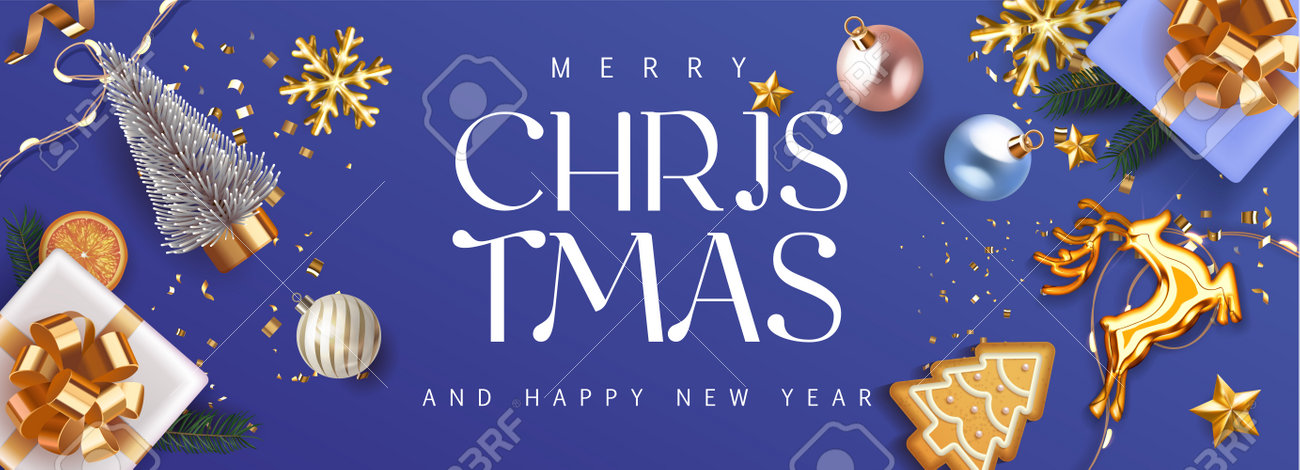 Merry Christmas and Happy New Year deep blue violet Holiday background with gift boxes with gold bow and fir tree , christmass balls, gold deer and lights. Festive Xmas decoration in violet. Vector - 161202088 Merry Christmas and Happy New Year deep blue violet Holiday background with gift boxes with gold bow and fir tree , christmass balls, gold deer and lights. Festive Xmas decoration in violet. Vector - 161202088
