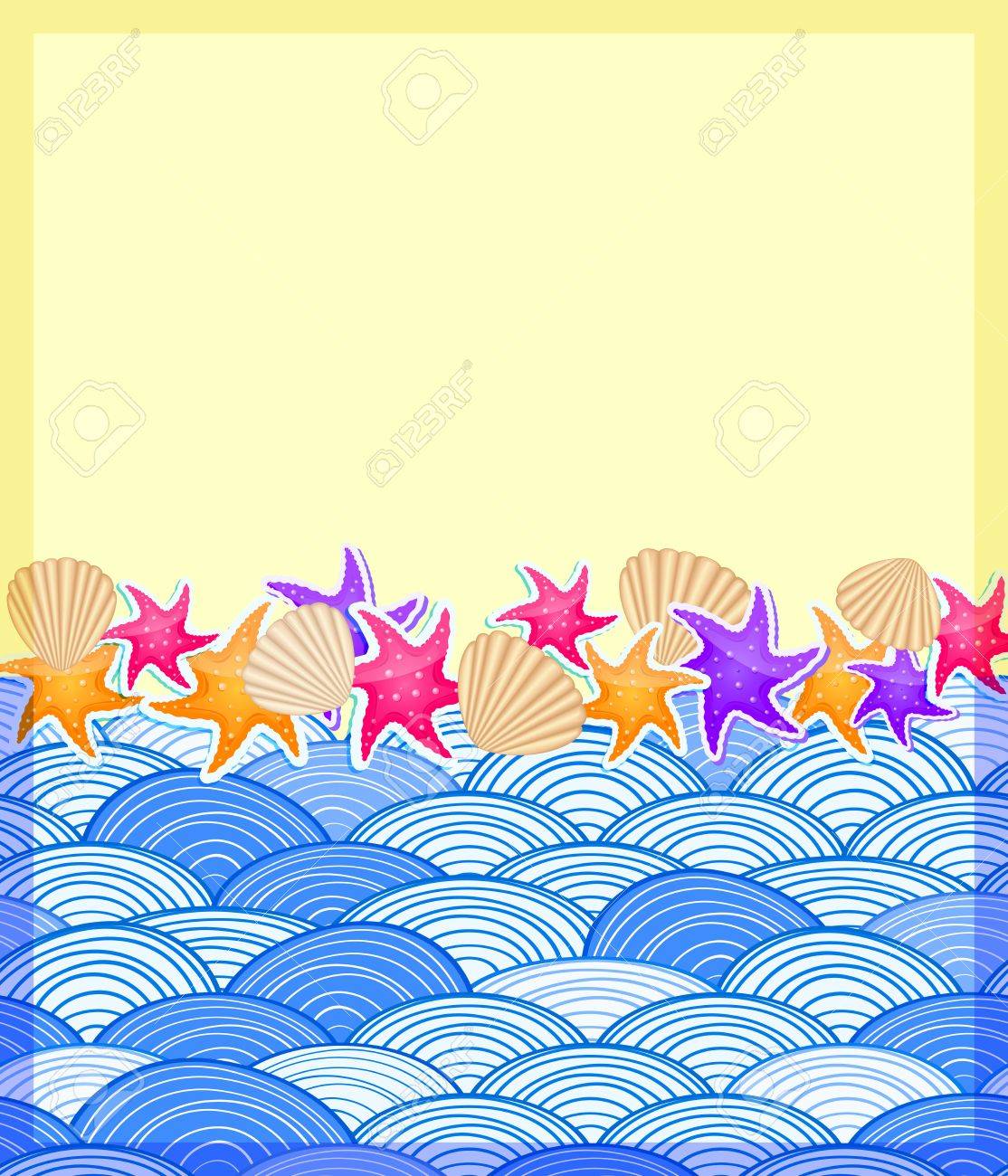 shells and starfishs on beach sand and wave ocean invitation