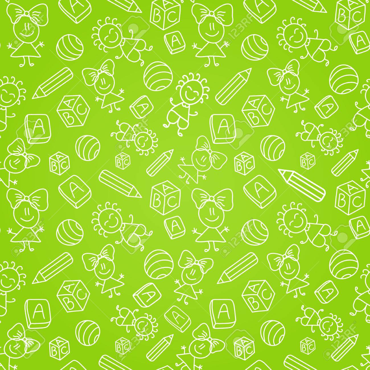 緑の背景に子供 Silhouete とのシームレスなパターン シンプルなイラストのイラスト素材 ベクタ Image