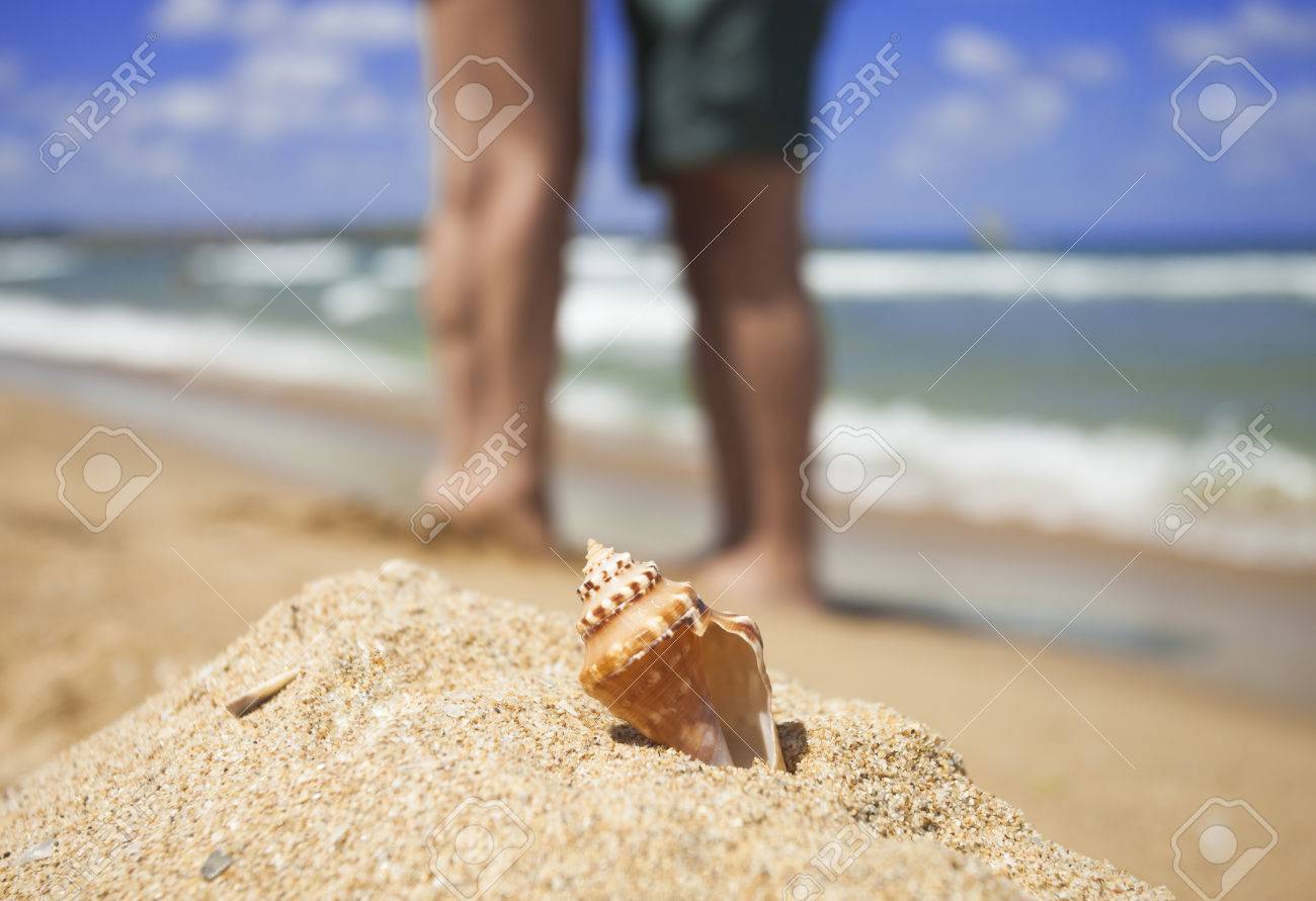 愛するカップルの足は大きな貝殻を海砂のビーチで互いを抱っこ の写真素材 画像素材 Image 44263030