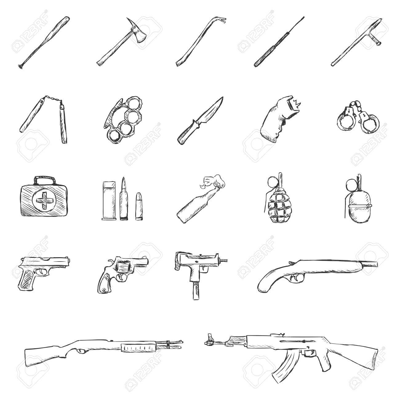벡터 스케치 무기 Icons.Bbaseball 박쥐, 크로바, 망원경 배 턴, Nunchaku, 황동, 칼, 스턴 총, 수갑, 응급  처치 키트, 수류탄, 권총, 리볼버, 잉그램, 엽총. 로열티 무료 사진, 그림, 이미지 그리고 스톡포토그래피. Image 62609017