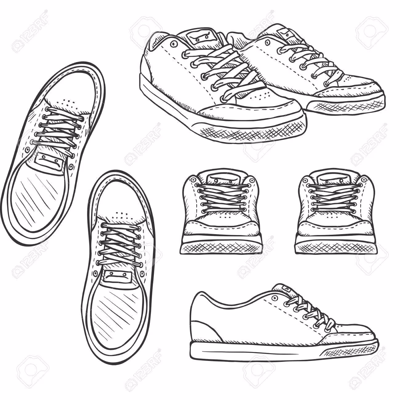 Vector Set of Sketch Skaters Shoes. Top, Side and Front Views. - 67575703