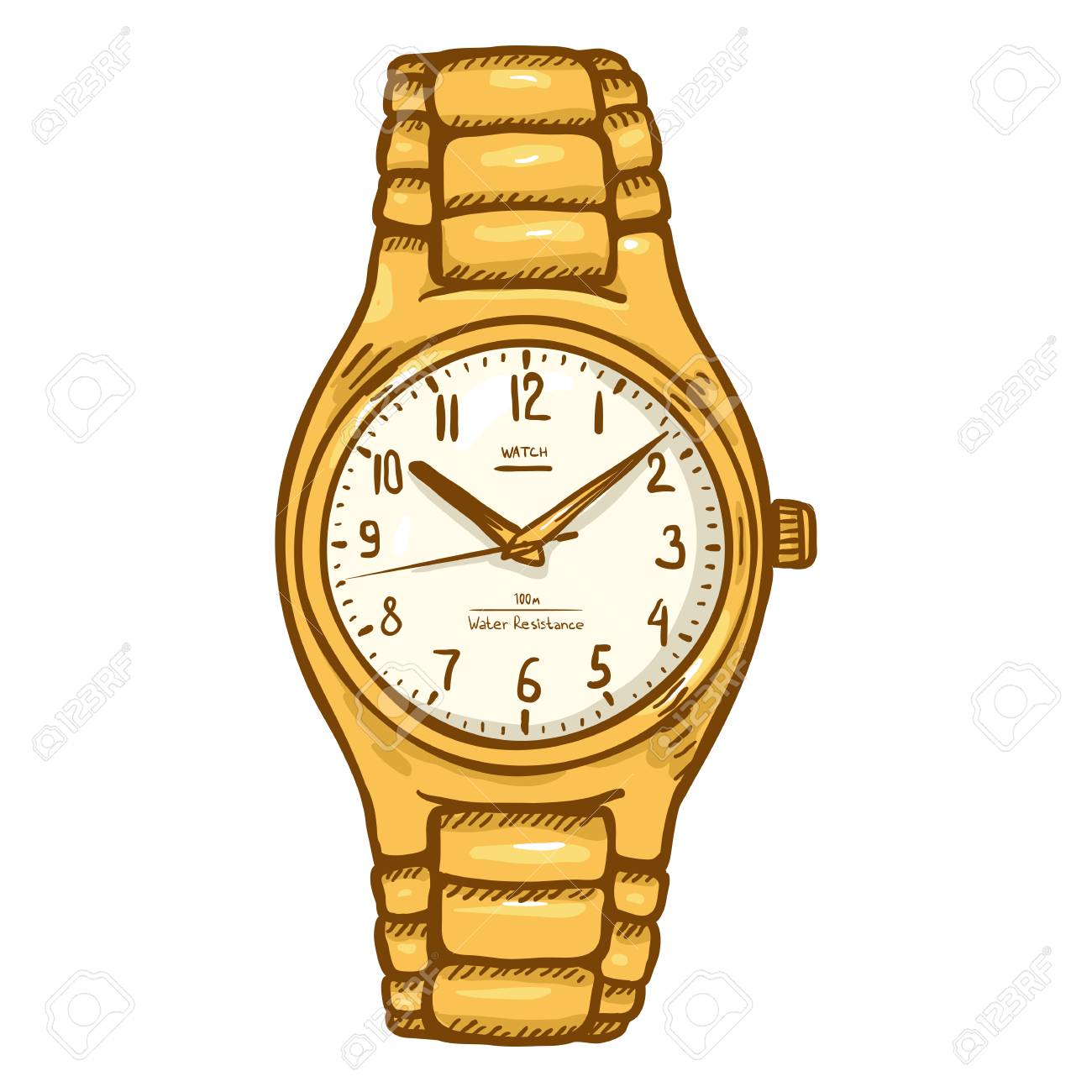 金属バンド付きの漫画のゴールド メンズ腕時計のイラスト素材 ベクタ Image
