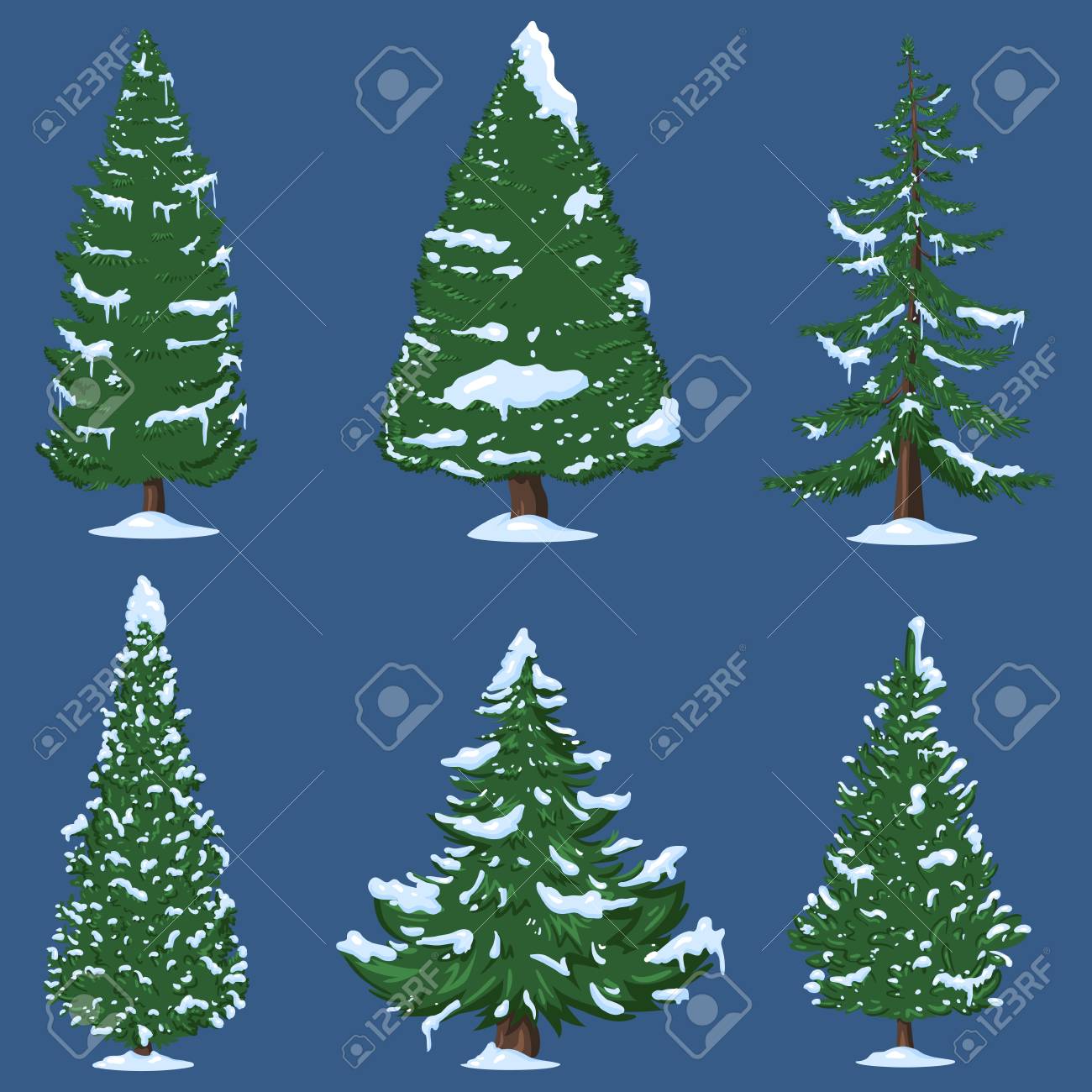 vector set of winter cartoon pine trees with snow on branches