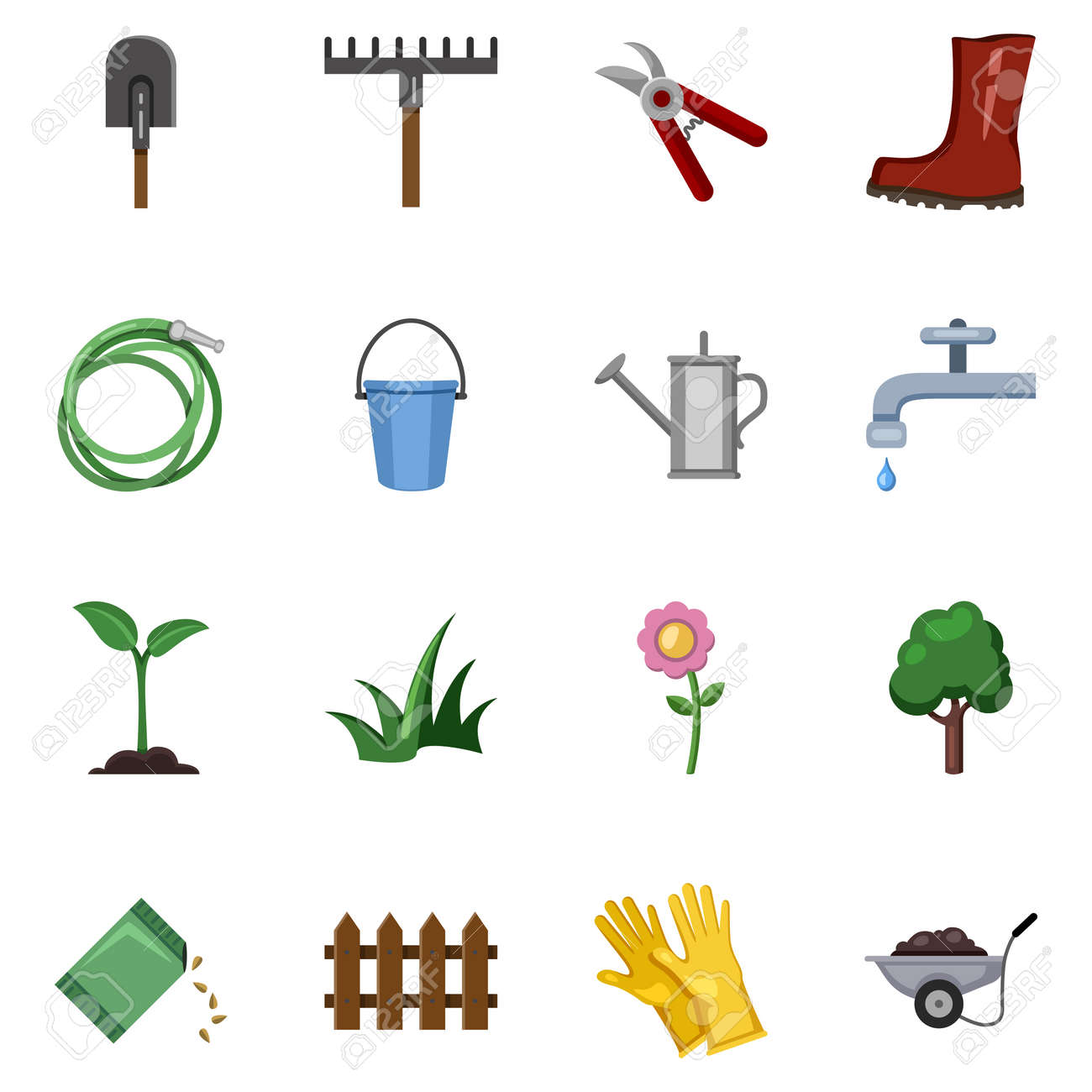 Vector Set of Garden Icons. Color Flat Gardening Tools and Plants - 169351013 Vector Set of Garden Icons. Color Flat Gardening Tools and Plants - 169351013