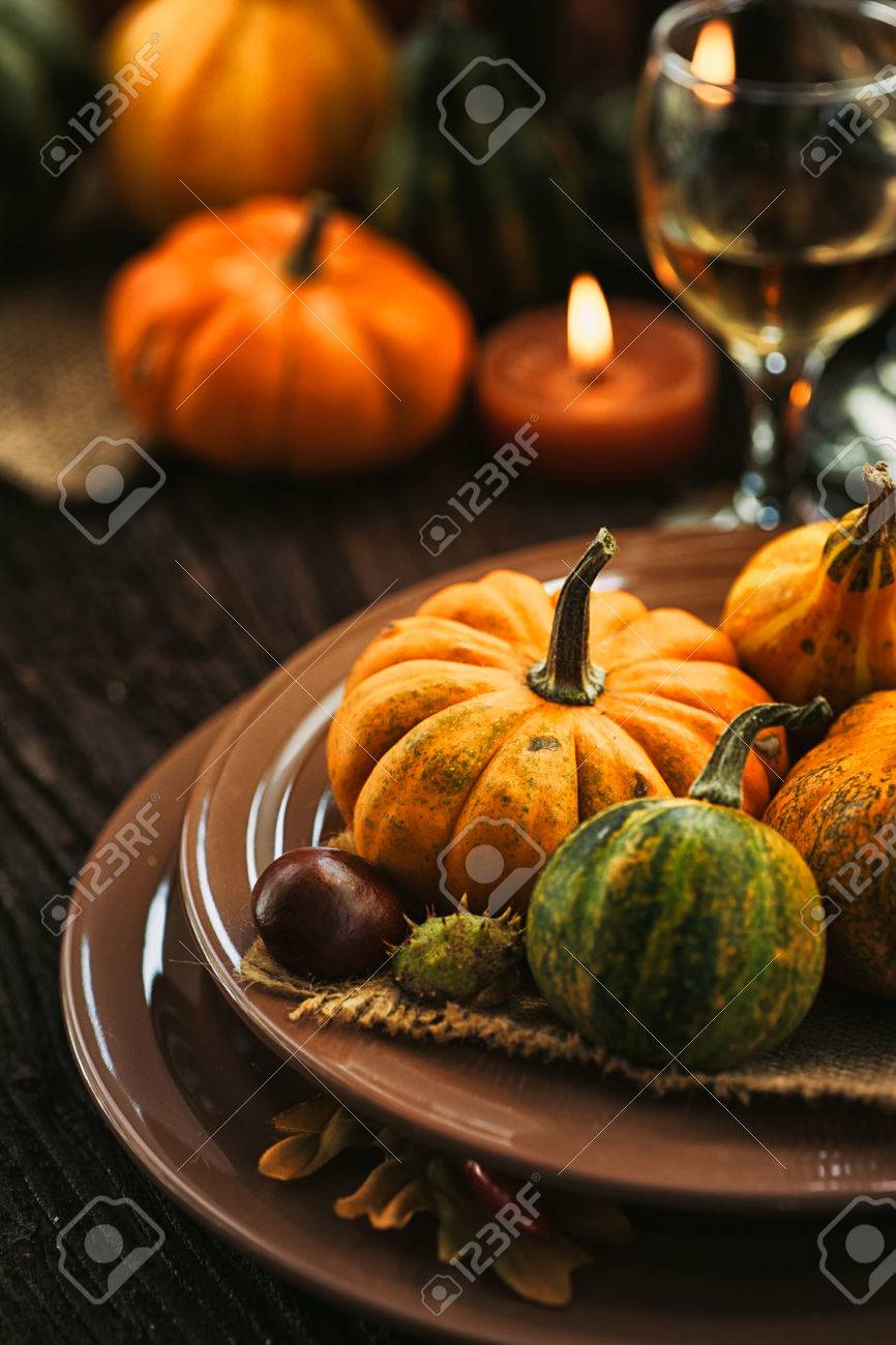 Autumn table setting with pumpkins. Thanksgiving dinner and autumn decoration. - 46774905 Autumn table setting with pumpkins. Thanksgiving dinner and autumn decoration. - 46774905