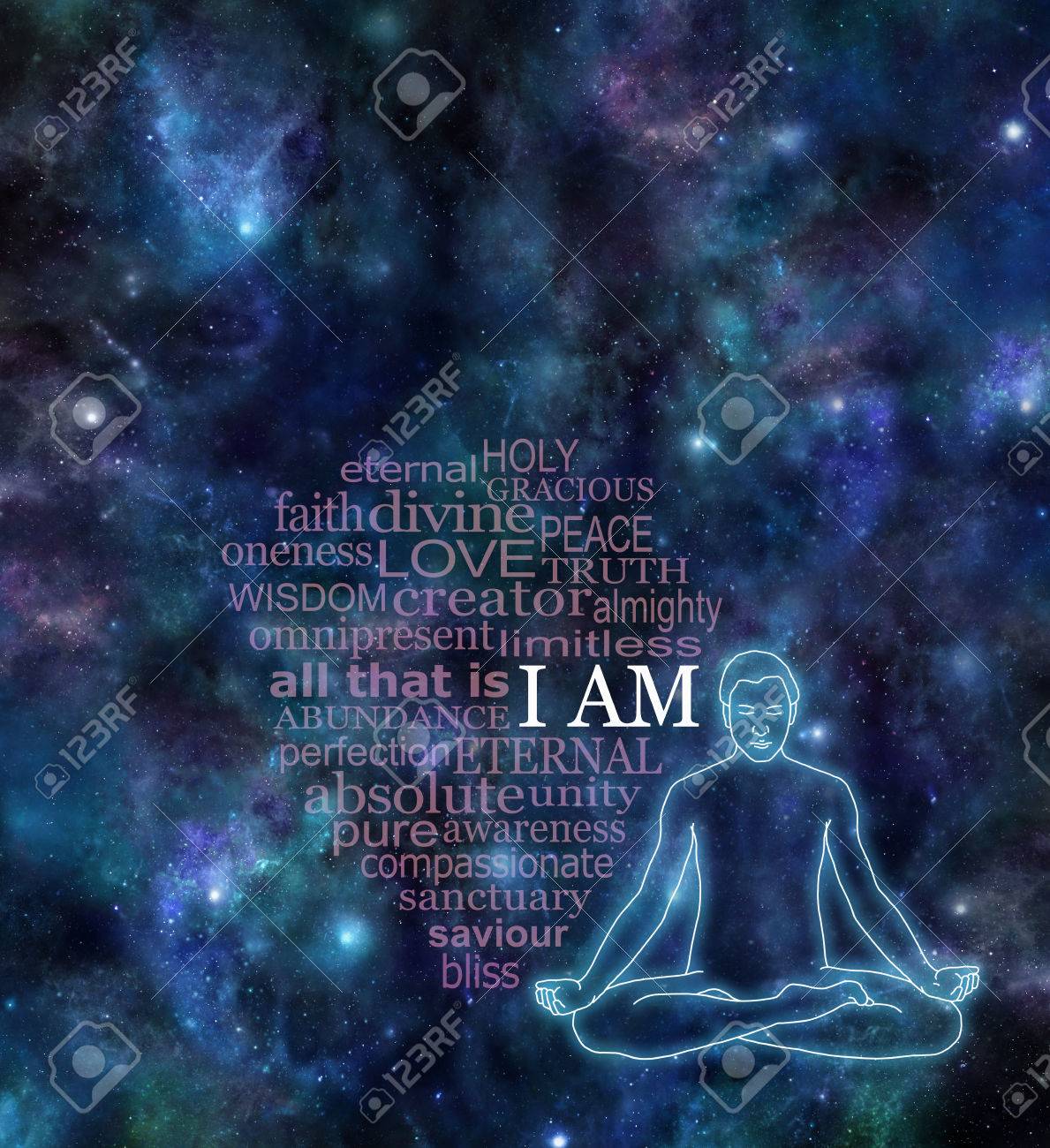 i am meditation word cloud night sky deep space background dark banner