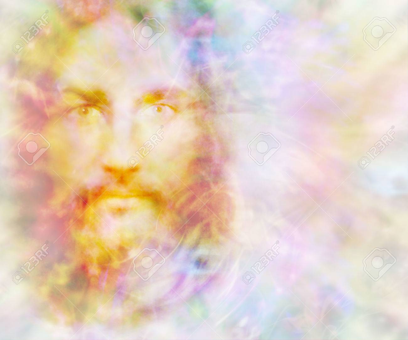 Gentle Spirit - ethereal golden light forming the face of a gentle spirit on a pastel colored energy field background with copy space on right - 68539096 Gentle Spirit - ethereal golden light forming the face of a gentle spirit on a pastel colored energy field background with copy space on right - 68539096