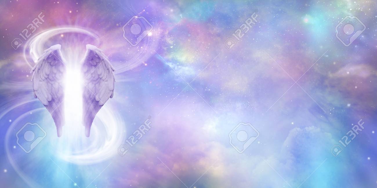 Heavenly Angel Spirit Banner - a pair of Angel Wings with a swish of white energy behind set against a wide vivid cosmic Universe background with copy space - 102763867 Heavenly Angel Spirit Banner - a pair of Angel Wings with a swish of white energy behind set against a wide vivid cosmic Universe background with copy space - 102763867