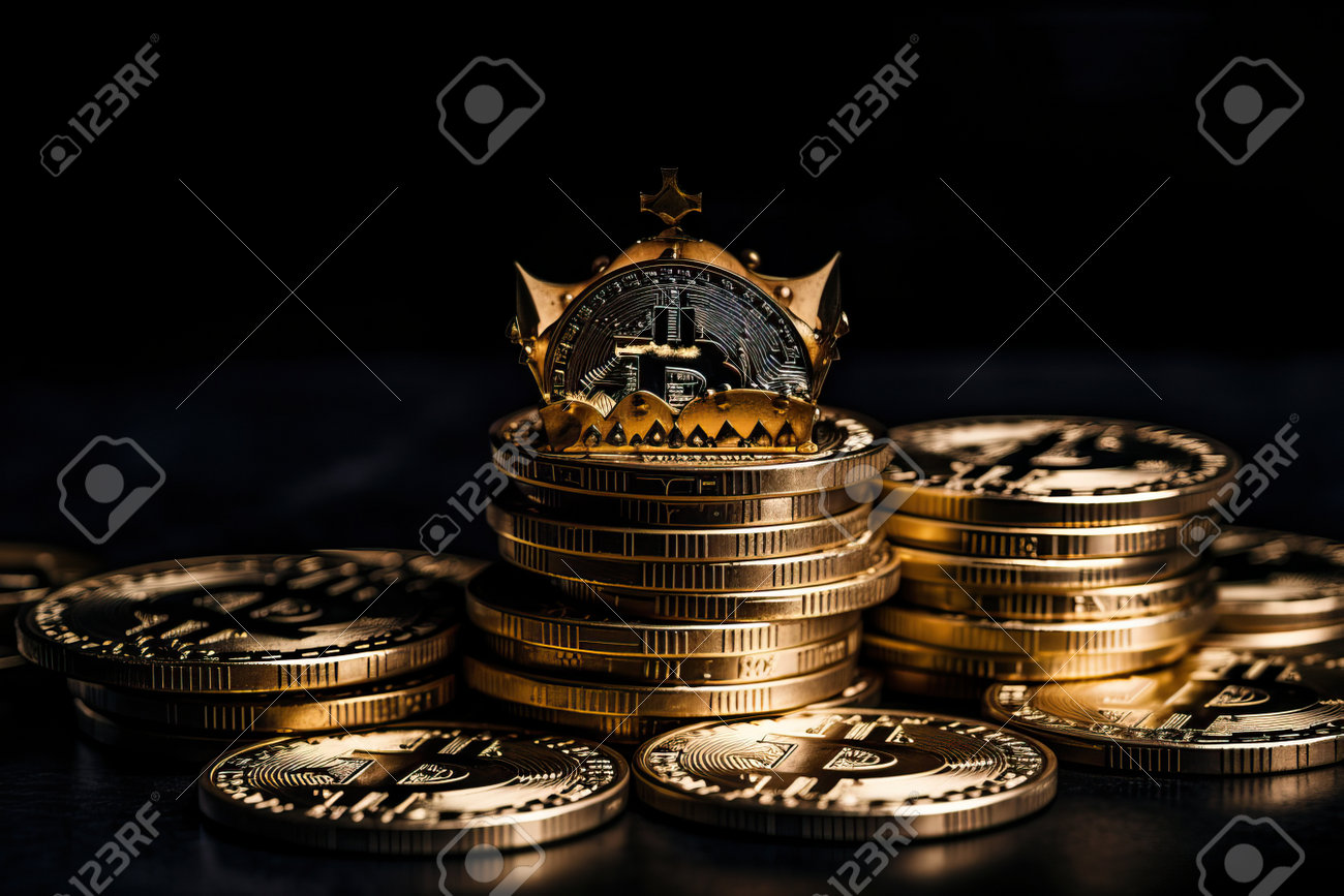 검은색 배경에 왕관이 있는 금색 비트코인 동전과 흩어져 있는 암호화폐 동전 비트코인은 왕관을 쓰고 있습니다. 생성 Ai 로열티 무료  사진, 그림, 이미지 그리고 스톡포토그래피. Image 201387039