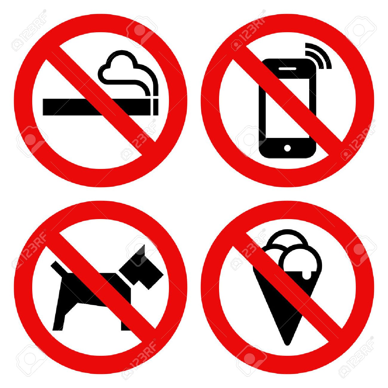no smoking no cell phone no dogs and no eating prohibited signs no cell phone use signs