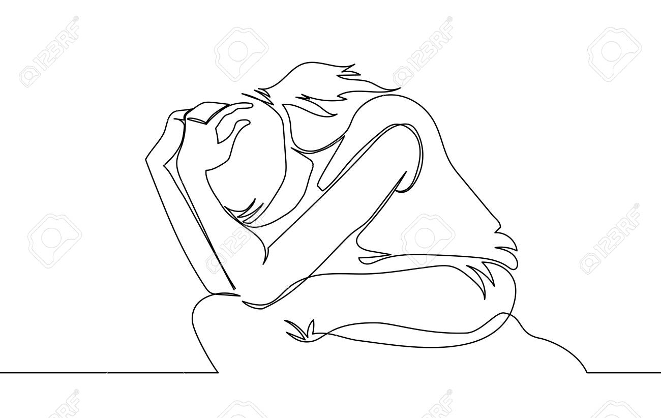 Stressed Woman At Home Headache Pain Female Portrait. Beautiful Girl Close Up Face And Head With Hands Sitting Alone Sad. Drawn With One Line Royalty Free Cliparts, Vectors, And Stock Illustration. Image