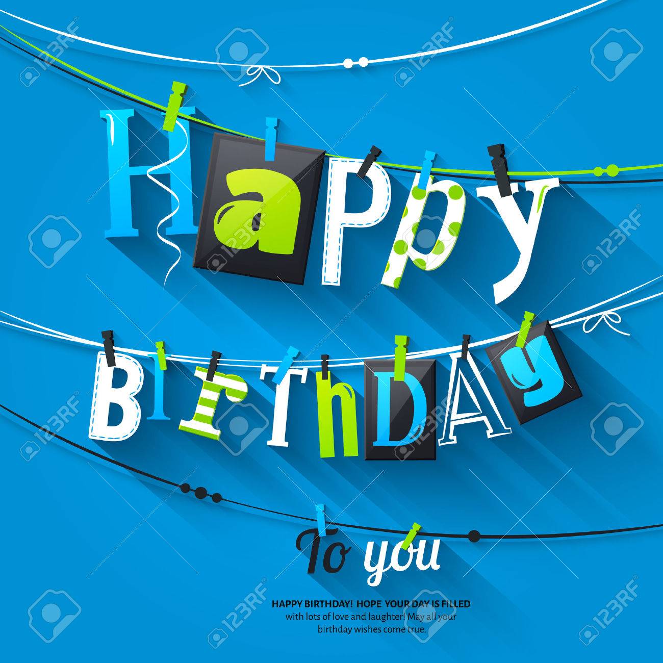 Birthday card. Clothespin and colorful letters hang on rope. - 54007536 Birthday card. Clothespin and colorful letters hang on rope. - 54007536