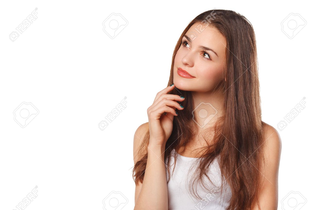 Young beautiful woman thinking looking to the side at blank copy space, isolated over white background - 53881407 Young beautiful woman thinking looking to the side at blank copy space, isolated over white background - 53881407