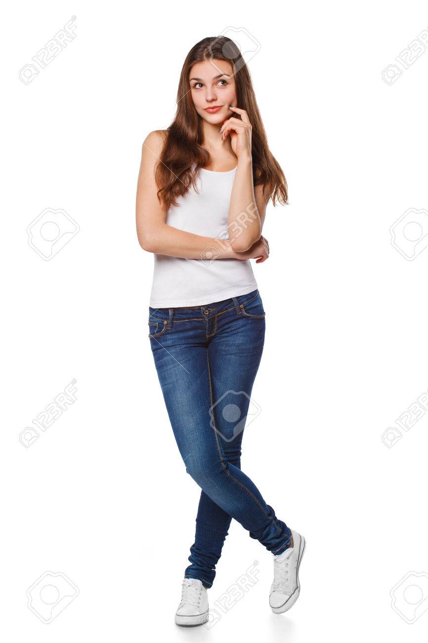 Young beautiful woman thinking looking to the side at blank copy space, full length, isolated over white background - 53881411 Young beautiful woman thinking looking to the side at blank copy space, full length, isolated over white background - 53881411