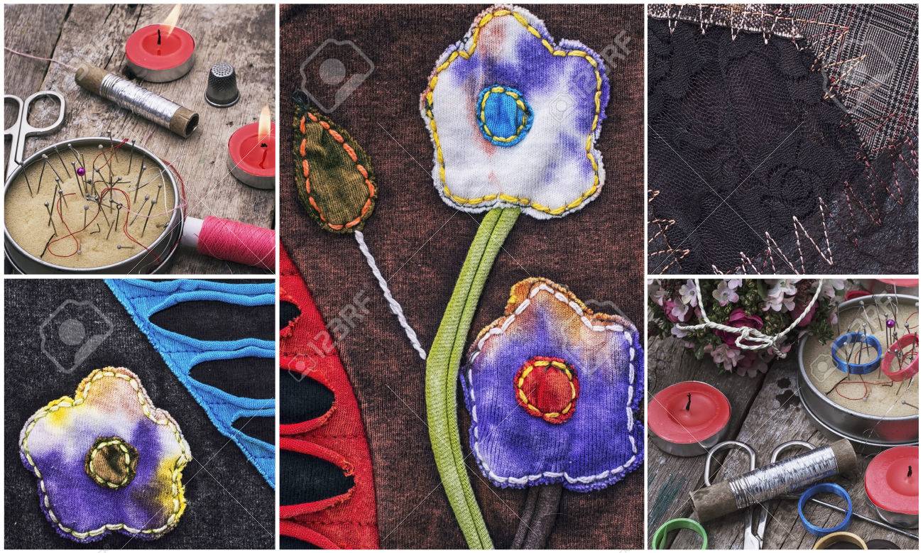 collage with a set of old sewing tools and samples textile fabric collage samples