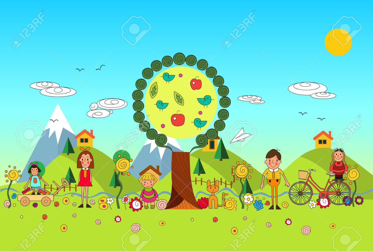 vector cartoon illustration of a group of happy children boys