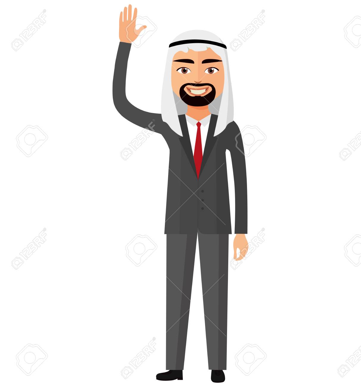 陽気なアラブ サウジ ビジネス手ベクトル フラット漫画イラストを手を振る人 のイラスト素材 ベクタ Image