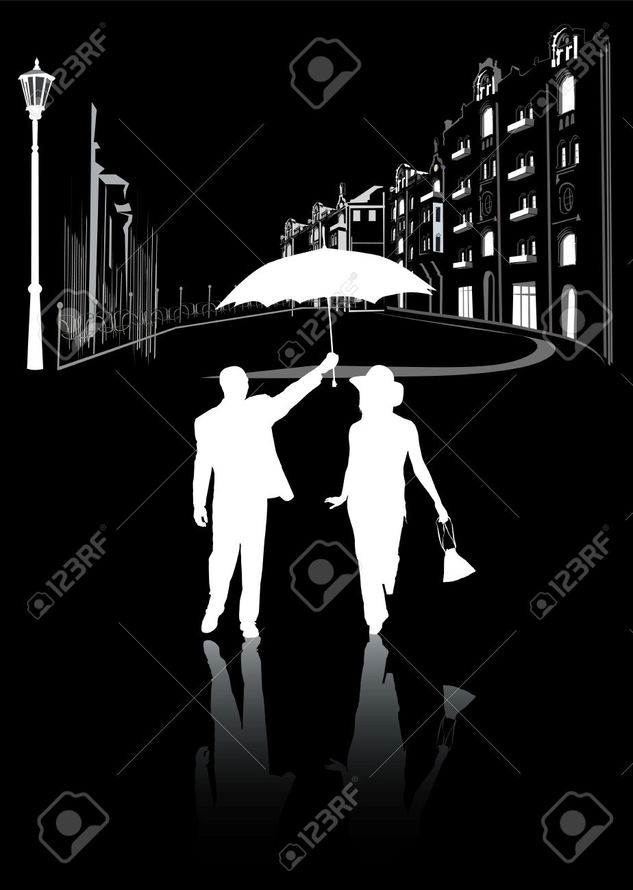 Man And Woman Walking In The City At Night In The Rain Black