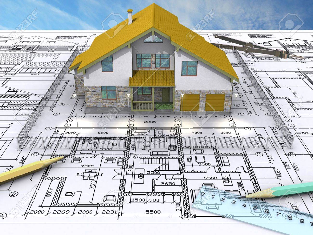 Residential house on architects drawing front view stock photo 2932935