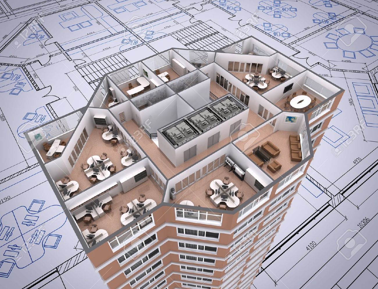 Architecture Drawing 3d 3d cut of office building on architect's drawing. stock photo Architecture Drawing 3d 3d cut of office building on architect's drawing. stock photo