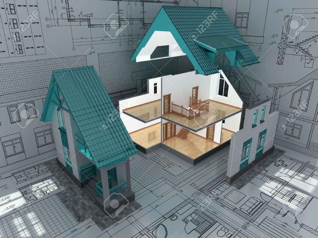 Architecture Drawing 3d the cross-section of residential house on architect drawing Architecture Drawing 3d the cross-section of residential house on architect drawing