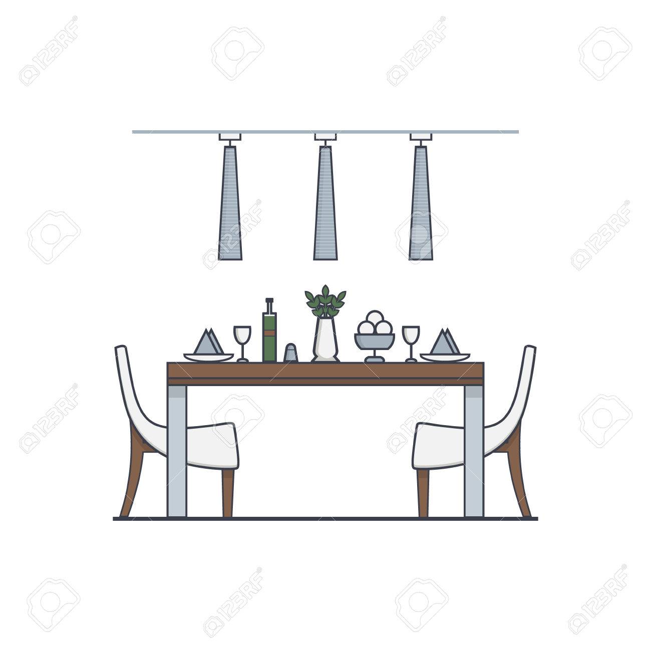 Dining Room Design Made In Modern Style Linear Vector Concept Of Apartment With Utensils Dining Room Design Made In Modern Style Linear Vector Concept Of Apartment With Utensils