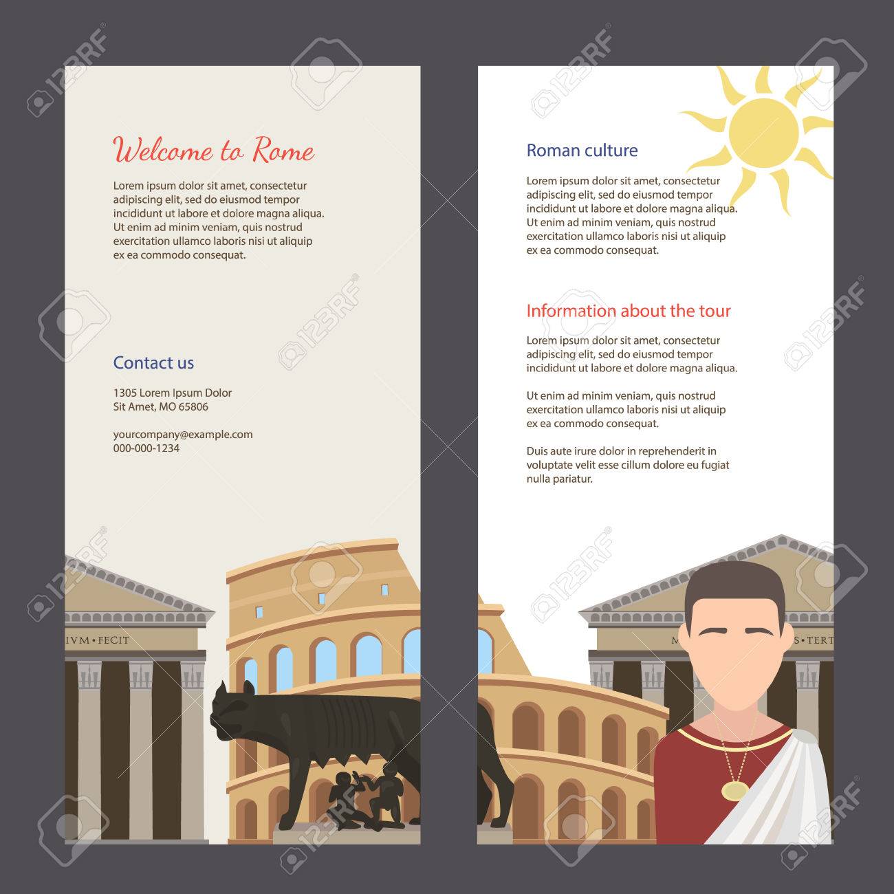 ローマへの旅行 イタリアの有名なランドマークの旅行チラシ カピトリーノの狼 国会議事堂 パンテオン ローマ 簡単編集可能な観光テンプレート バナー ポスターに最適です のイラスト素材 ベクタ Image