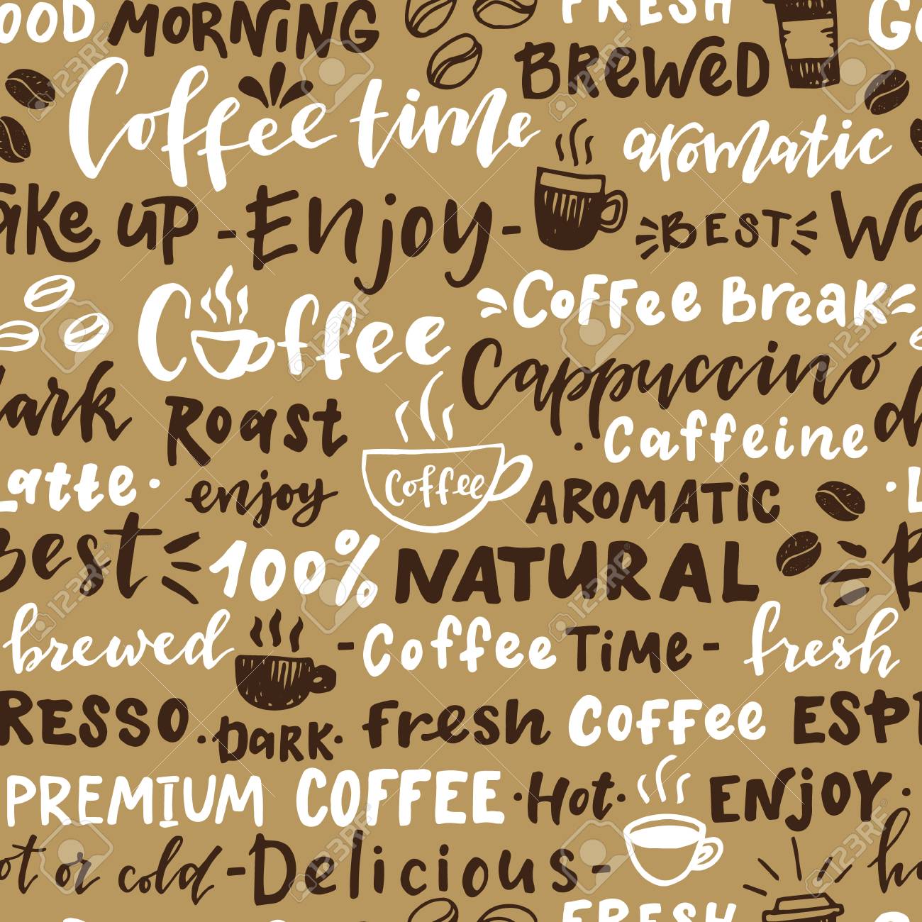 コーヒーについての単語のシームレスなパターン 手文字で描かれたイラストを手します カフェ バー 壁紙 包装紙に最適です のイラスト素材 ベクタ Image