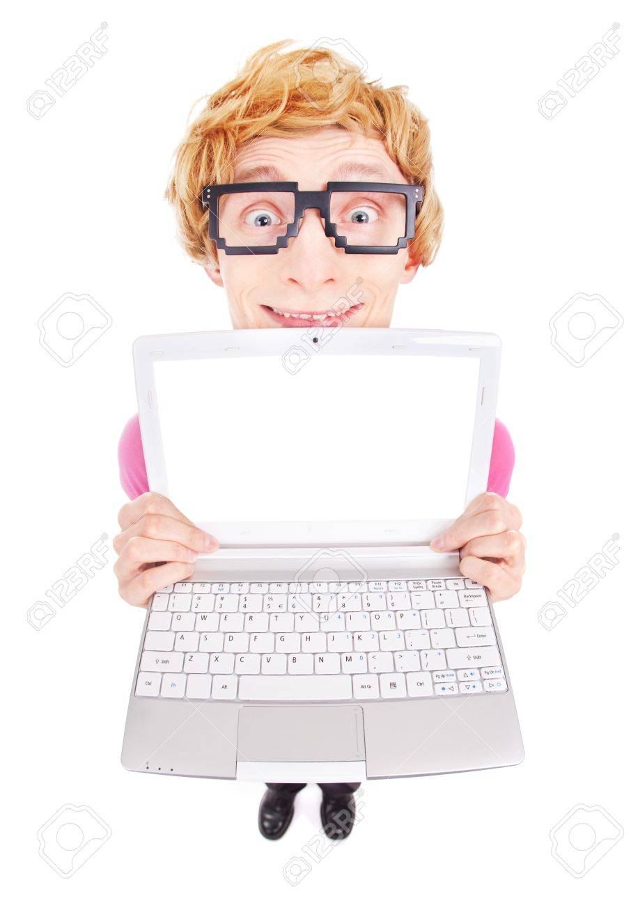 オタク男がおかしい表示ノート パソコンの画面では テキスト の写真素材 画像素材 Image