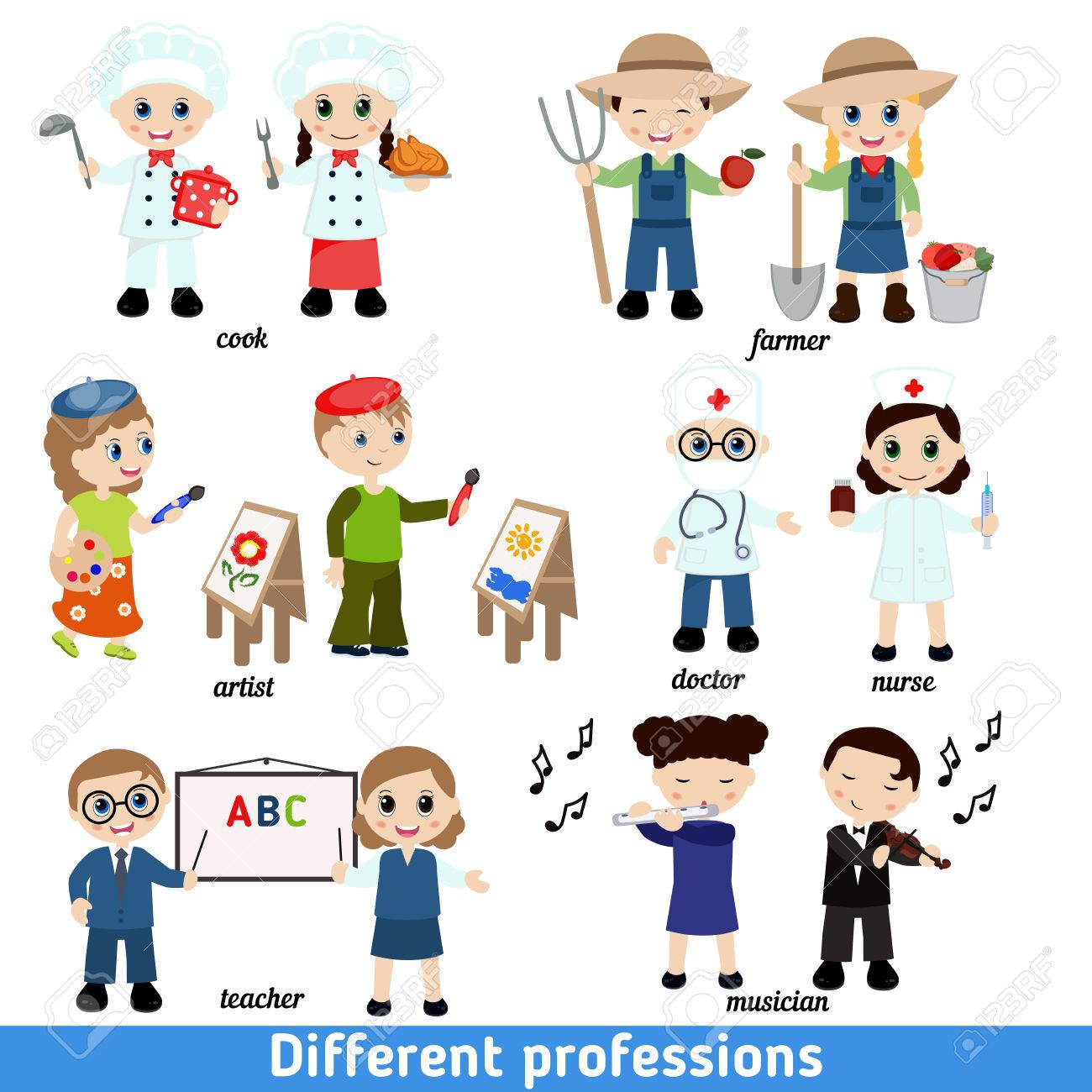 子供たちの職業のセットです 仕事で幸せな子供を着用します のイラスト素材 ベクタ Image
