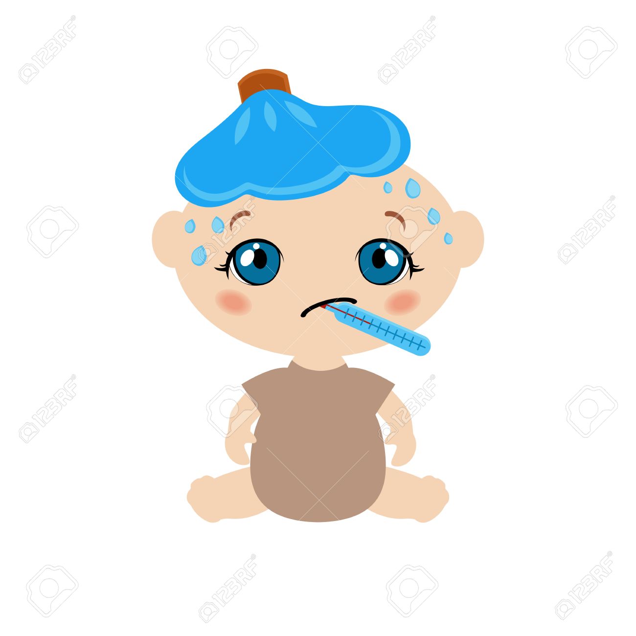 Illustration D Un Malade Mignon Assis Bebe Avec Sac De Glace Et D Un Thermometre Clip Art Libres De Droits Vecteurs Et Illustration Image