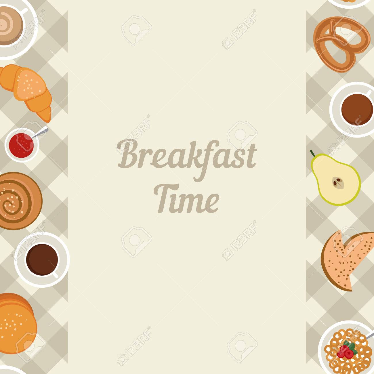 Vector Breakfast Time Illustration With Food And Drinks In Flat Vector Breakfast Time Illustration With Food And Drinks In Flat