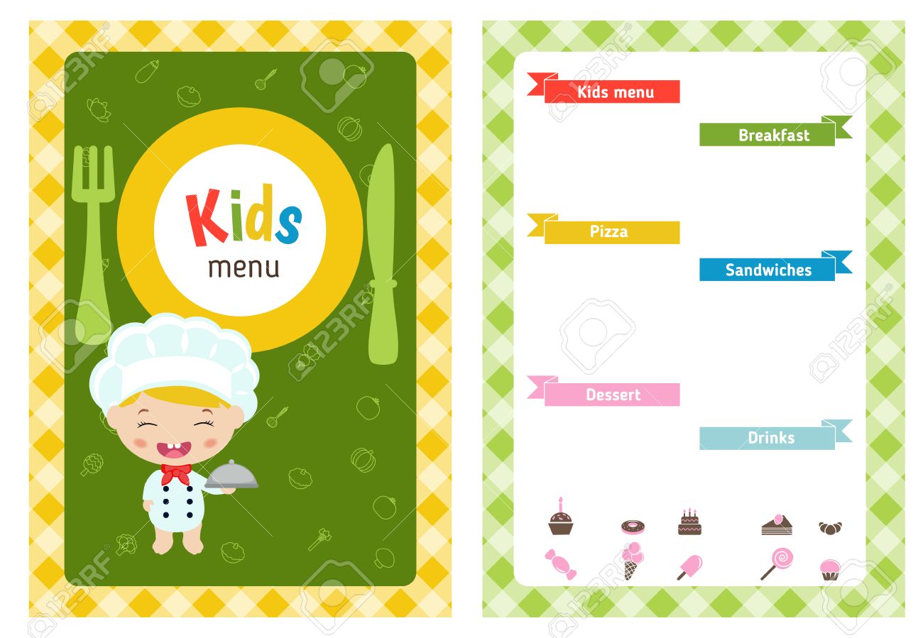 漫画子シェフと子供メニュー カード かわいいカラフルな子供たちの食事レストラン メニュー テンプレートです のイラスト素材 ベクタ Image