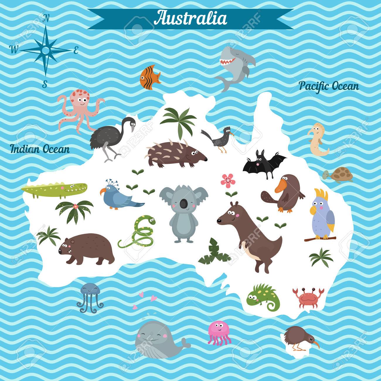 cartoon map of australia continent with different animals colorful cartoon illustration for children and kids