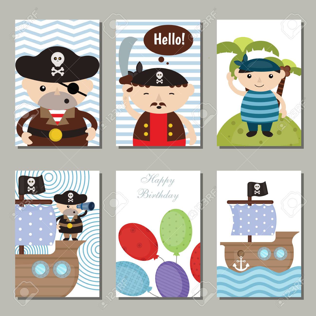 Ensemble De Belles Cartes D Invitation D Anniversaire Decore De Pirate Mignon Un Objets De Pirates Clip Art Libres De Droits Vecteurs Et Illustration Image