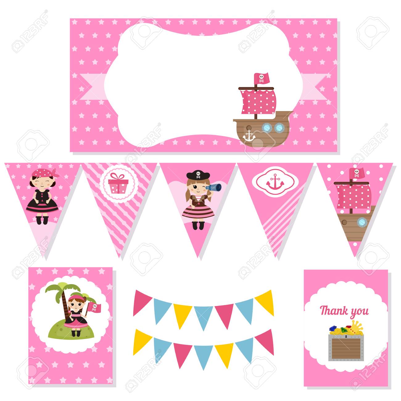Ensemble D Elements De Fete D Anniversaire Avec Fille Pirate Et Pirate Objets Mignons Forfait De Fete D Anniversaire Theme D Aventure Pirate Clip Art Libres De Droits Vecteurs Et Illustration Image