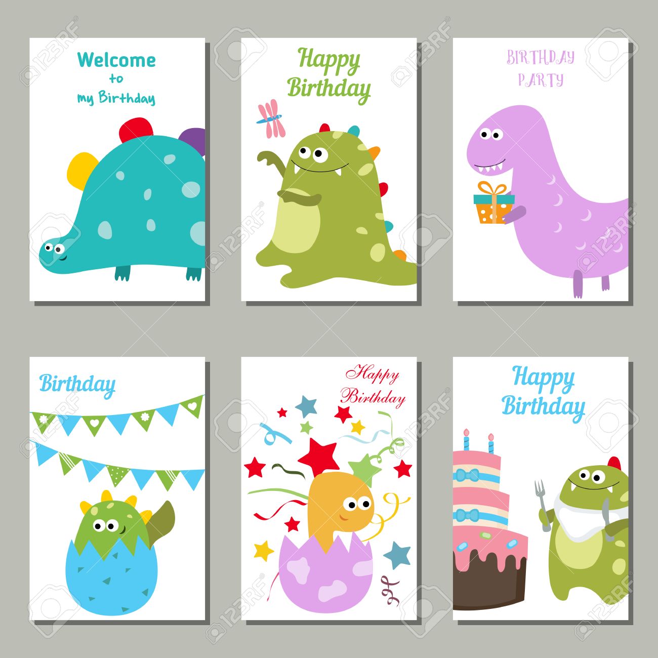 Set Of Beautiful Birthday Invitation Cards Decorated With Cute